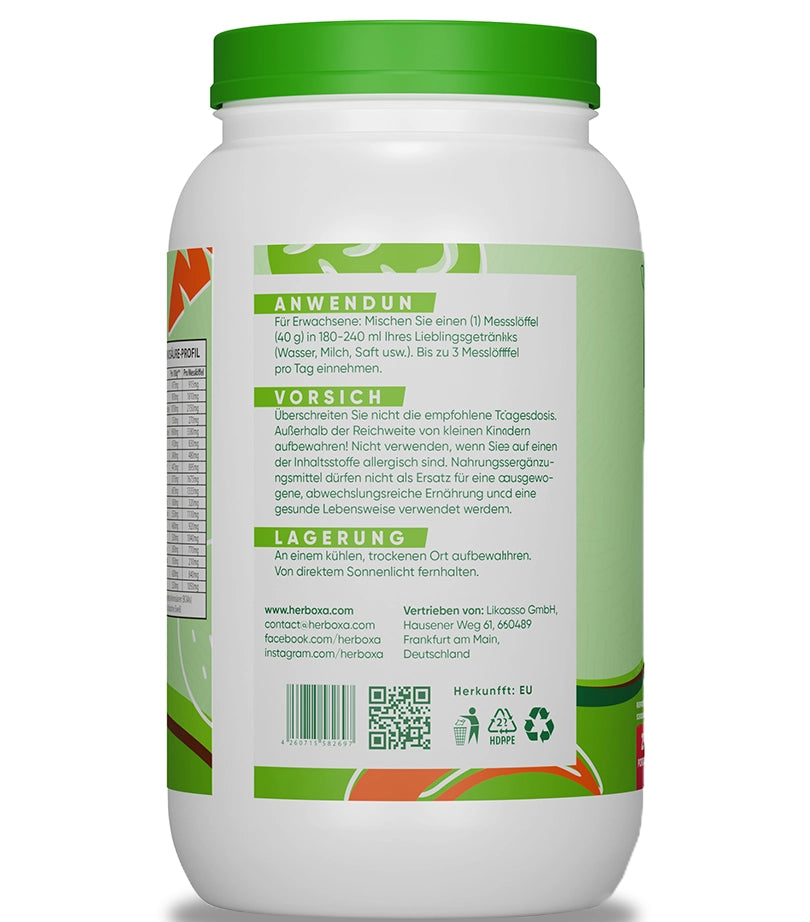 Herboxa Plant-Based Protein. 920g chocolate flavored vegan protein label