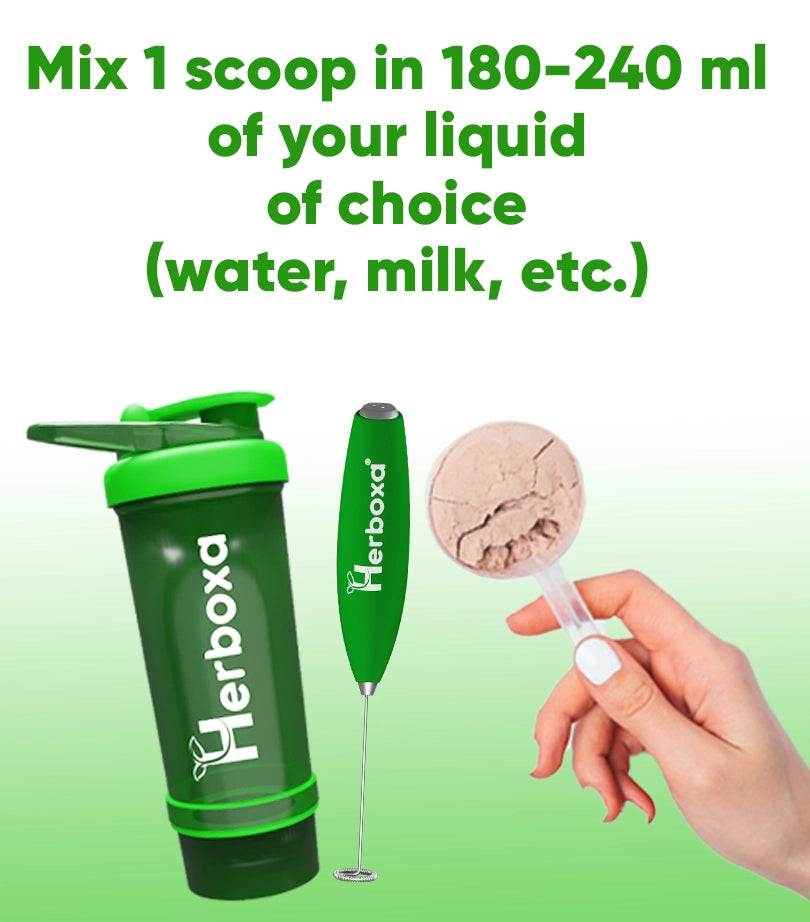 Mix 1 scoop of Herboxa Plant-Based Protein in 180-240 ml of your liquid of choice, and shake well.