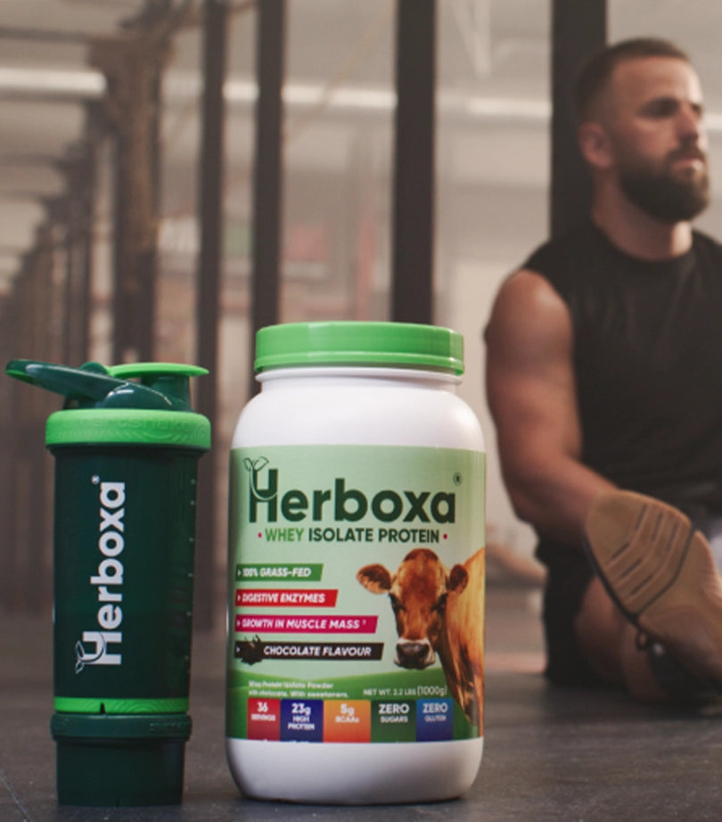 Man, working out in the gym. Next to him is the Herboxa Whey Isolate Protein tub, as well as the Herboxa Shaker Bottle