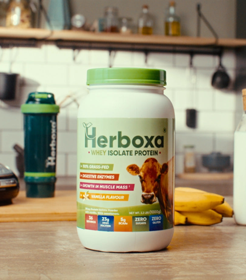 A tub of Herboxa Whey Isolate Protein on a kitchen counter. 23g of protein in each scoop