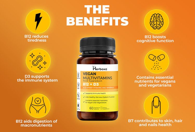 Herboxa Vegan Multivitamins reduce tiredness, support the immune system, aid in digestion of macronutrients, boost cognitive function, contain essentian nutrients for vegans and vegetarians