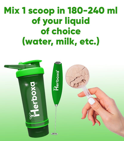 Mix 1 scoop of Herboxa Plant-Based Protein in 180-240 ml of your liquid of choice, and shake well.
