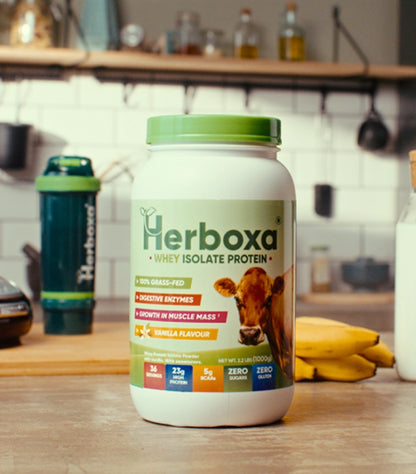 A tub of Herboxa Whey Isolate Protein on a kitchen counter. 23g of protein in each scoop
