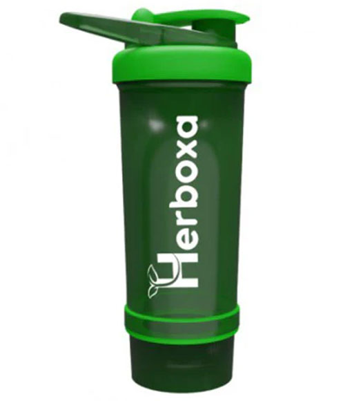Herboxa 500ml green shaker bottle with blending ball and flip-top lid
